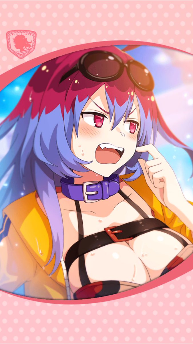 1girl, ahoge, artist_request, belt_collar, blush, breasts, cleavage, collar, eyewear_on_head, framed_image, hair_between_eyes, hand_on_own_face, highres, jacket, large_breasts, multicolored_hair, official_art, open_mouth, phantom_of_the_kill, pinaka, red_eyes, red_hair, sunglasses, swimsuit, two-tone_hair, wet, yellow_jacket