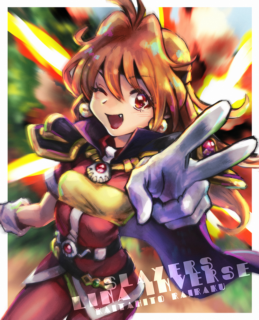 1girl, ;d, artist_name, black_headband, breasts, character_name, copyright_name, cowboy_shot