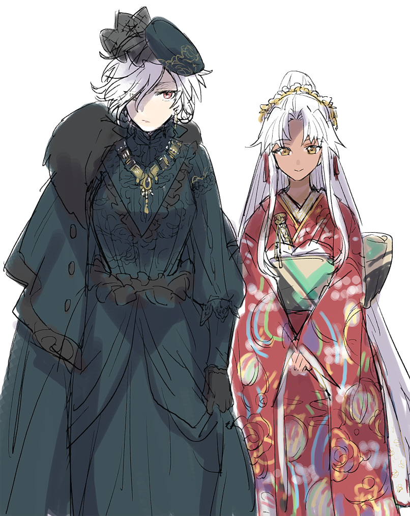 2girls, amakusa_shirou_(fate), amakusa_shirou_(third_ascension)_(fate), brown_eyes, dark-skinned_female, dark_skin, dress, edmond_dantes_(fate)