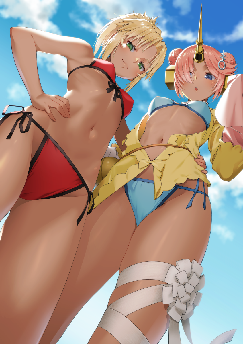 2girls, arm_around_another's_waist, bikini, blonde_hair, blue_bikini, blue_eyes, blue_sky, breasts