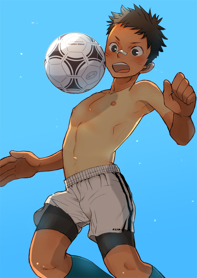 1boy, ball, bike_shorts, blush, male_focus, nakayuki_t, nipples, open_mouth, original, playing_sports, simple_background, soccer_ball, soccer_uniform, solo, sportswear, tan, tango_(soccer_ball), topless_male