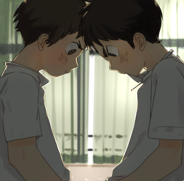 2boys, backlighting, blush, brown_eyes, brown_hair, eyebrows, looking_at_another, looking_down, male_focus, multiple_boys, nakayuki_t, original, school_uniform, shadow, shirt, white_shirt