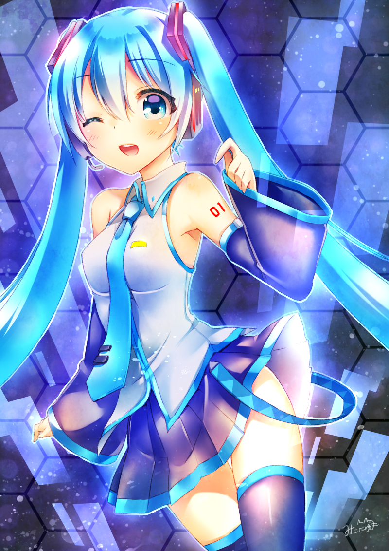 1girl, ;), black_skirt, black_thighhighs, blue_eyes, blue_hair, blush, breasts