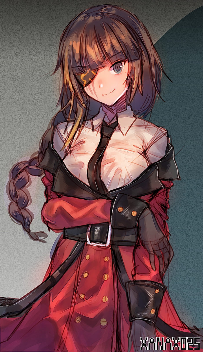 1girl, alternate_costume, arm_across_waist, artist_name, bad_id, bad_pixiv_id, belt, black_necktie, blonde_hair, blunt_bangs, braid, brown_hair, buckle, buttons, coat, collared_shirt, cosplay, double-breasted, eyepatch, female_focus, girls'_frontline, gloves, griffin_&amp;_kryuger_logo, griffin_&amp;_kryuger_military_uniform, grifon&amp;kryuger, head_tilt, highres, kalina_(girls'_frontline), kalina_(girls'_frontline)_(cosplay), long_hair, looking_at_viewer, m16a1_(girls'_frontline), military, military_uniform, mole, mole_under_eye, multicolored_hair, necktie, scar, scar_across_eye, scar_on_face, shirt, sidelocks, smile, solo, streaked_hair, white_shirt, xanax025