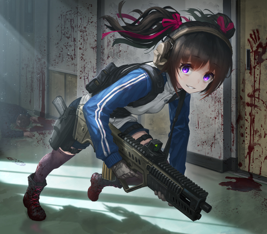 1girl, assault_rifle, bags_under_eyes, black_hair, blood, blood_on_clothes, blood_splatter, blood_stain