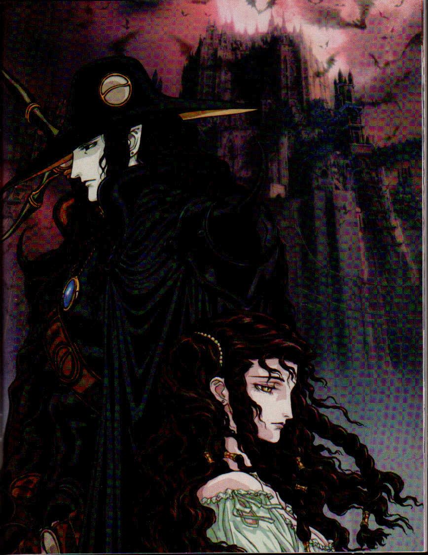 1boy, 1girl, bare_shoulders, bat_(animal), black_hair, braid, brown_hair, castle, charlotte_elbourne, curly_hair, d_(vampire_hunter_d), earrings, hair_ornament, hat, jewelry, long_hair, official_art, pale_skin, pendant, pointy_ears, profile, scan, stud_earrings, twin_braids, vampire_hunter_d, vampire_hunter_d:_bloodlust, yellow_eyes