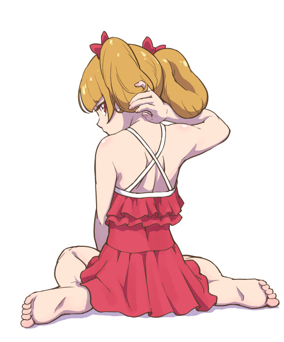 10s, 1girl, aisaki_emiru, bare_shoulders, barefoot, brown_hair, commentary_request, dress, female_focus, from_behind, hair_ribbon, hugtto!_precure, looking_at_viewer, looking_back, one-piece_swimsuit, precure, red_dress, red_eyes, red_one-piece_swimsuit, red_ribbon, ribbon, short_hair, sitting, solo, swimsuit, twintails, uyoshi
