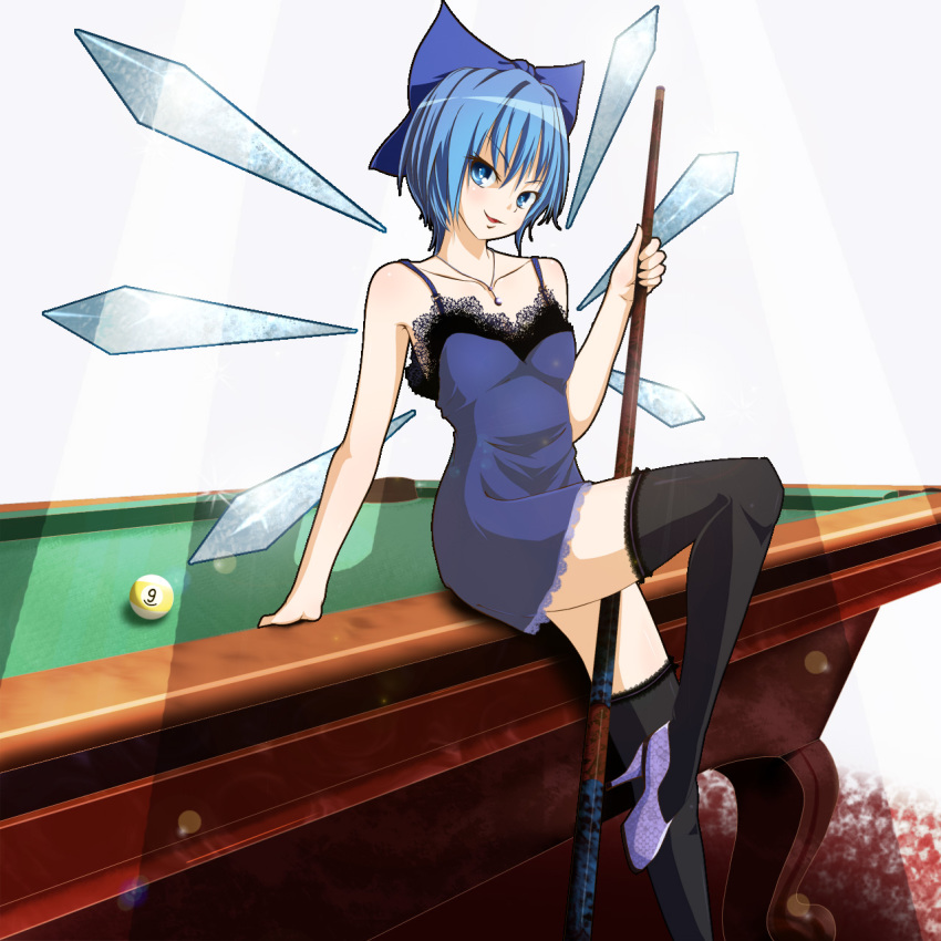 1girl, aged_up, arm_support, billiards, black_thighhighs, blue_eyes, blue_hair, bow