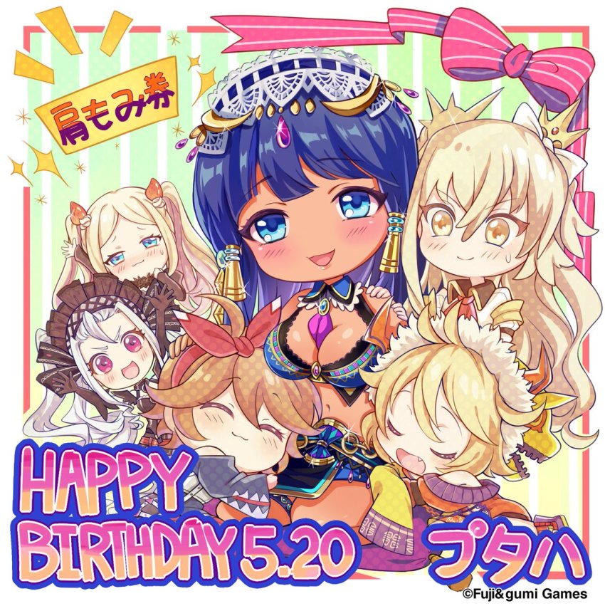 6+girls, artist_request, between_breasts, black_dress, black_gloves, blonde_hair, blue_eyes, blue_hair