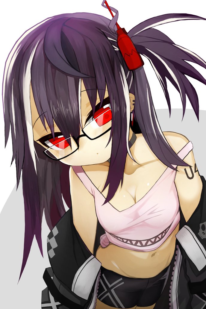 1girl, azur_lane, bike_shorts, black-framed_eyewear, breasts, cleavage, commentary_request, female_focus