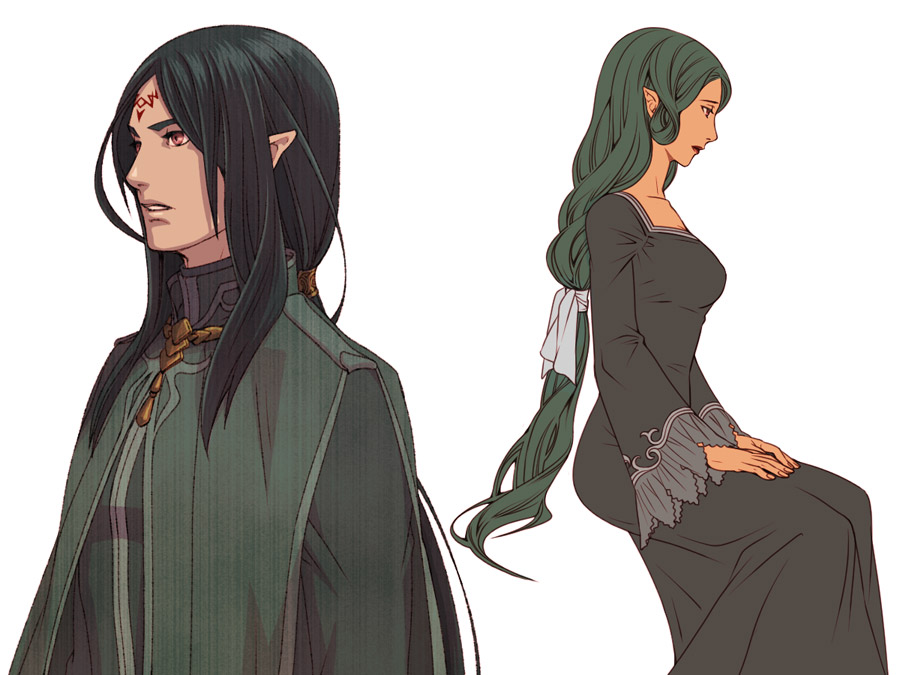 1boy, 1girl, almedha_(fire_emblem), alternate_costume, black_dress, braid, braided_ponytail, brother_and_sister