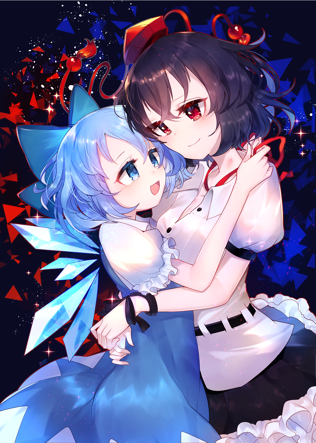 2girls, :d, abstract_background, arms_around_another's_waist, artist_name, aya_(aya_op10s), belt, black_background