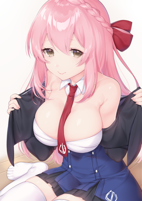 1girl, azur_lane, bad_id, bad_pixiv_id, between_breasts, bow, breasts, brown_eyes