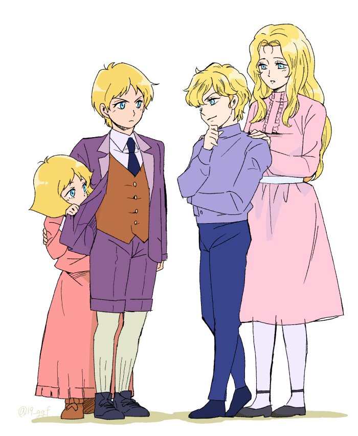2boys, 2girls, aged_down, annerose_von_grunewald, arm_around_shoulder, artesia_som_deikun, behind_another, blonde_hair, blue_eyes, blue_neckwear, blue_pants, bob_cut, brother_and_sister, casval_rem_deikun, char_aznable, crossover, dress, full_body, ginga_eiyuu_densetsu, gundam, hand_on_own_chin, hands_on_another's_shoulders, jacket, mobile_suit_gundam, mobile_suit_gundam_the_origin, multiple_boys, multiple_girls, necktie, pants, pantyhose, peeking_out, pink_dress, purple_jacket, purple_shorts, reinhard_von_lohengramm, sayla_mass, shorts, siblings, simple_background, stroking_own_chin, trait_connection, twitter_username, vest, waistcoat, white_background, white_legwear