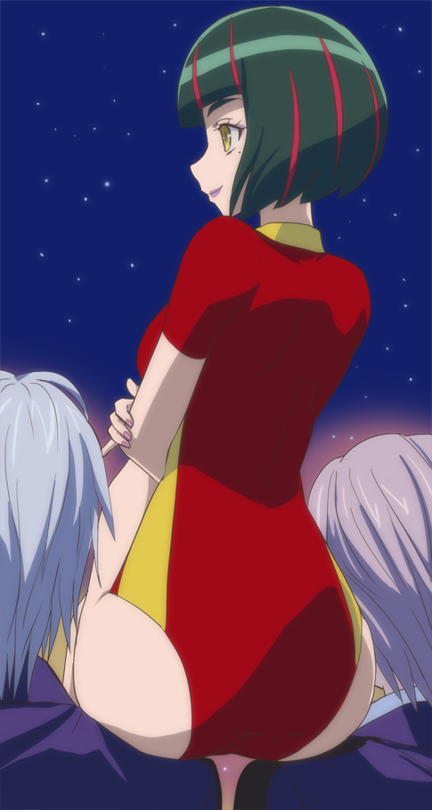 10s, 1girl, 2boys, ass, bob_cut, closed_mouth, from_behind, gelos_(precure)