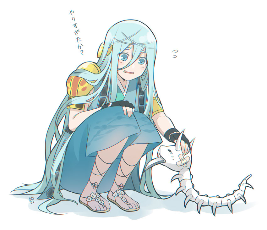 1boy, aqua_eyes, aqua_hair, bad_id, bad_pixiv_id, bandaid, bone, chiyoganemaru_(touken_ranbu), commentary_request, crying, enemy_tantou, flying_sweatdrops, headpat, japanese_clothes, jikan_sokougun, long_hair, male_focus, mouth_hold, sandals, short_sword, simple_background, skeleton, squatting, suzuka_nene, sword, tantou, touken_ranbu, translation_request, very_long_hair, weapon, white_background