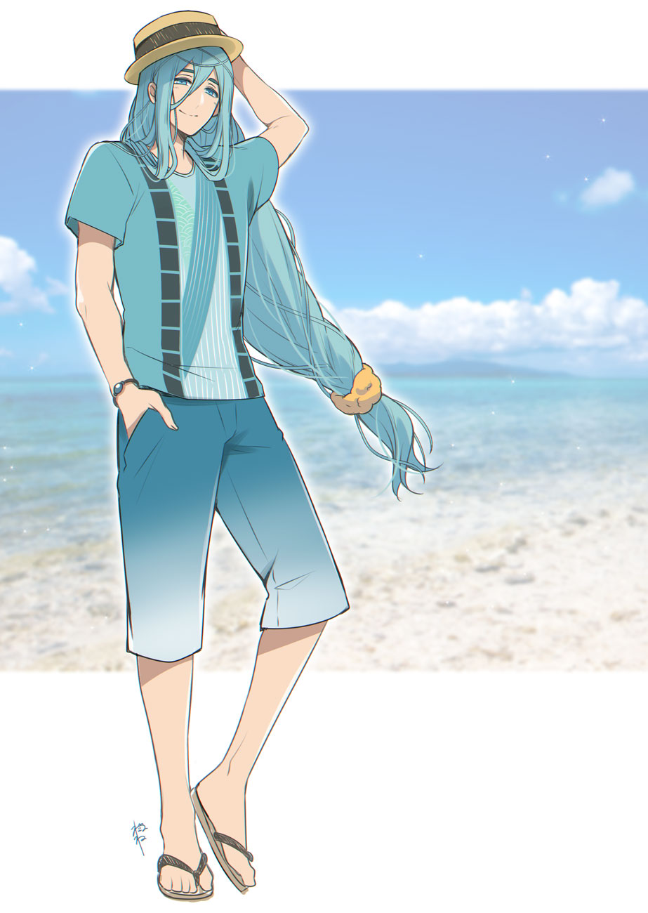 1boy, adjusting_clothes, adjusting_headwear, aqua_eyes, aqua_hair, bad_id, bad_pixiv_id, beach