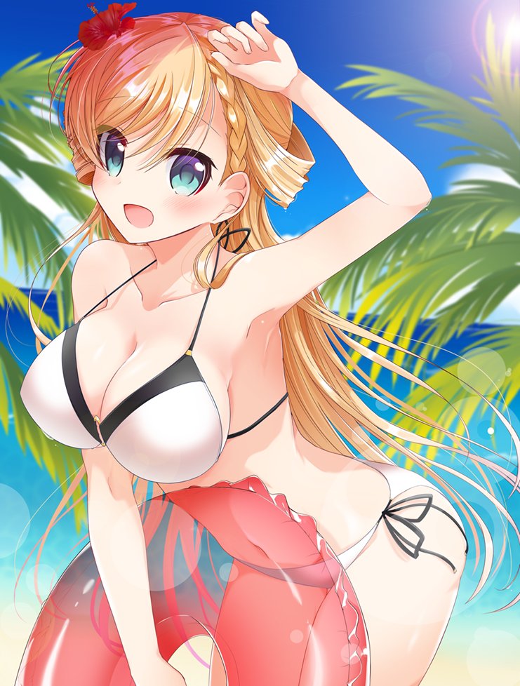 1girl, araragi_ayune, beach, bikini, blonde_hair, blue_eyes, blue_sky, braid