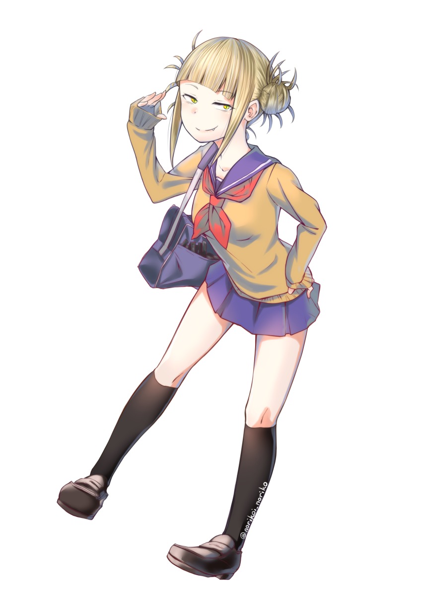 10s, 1girl, absurdres, bag, black_socks, blonde_hair, blue_skirt, blunt_bangs