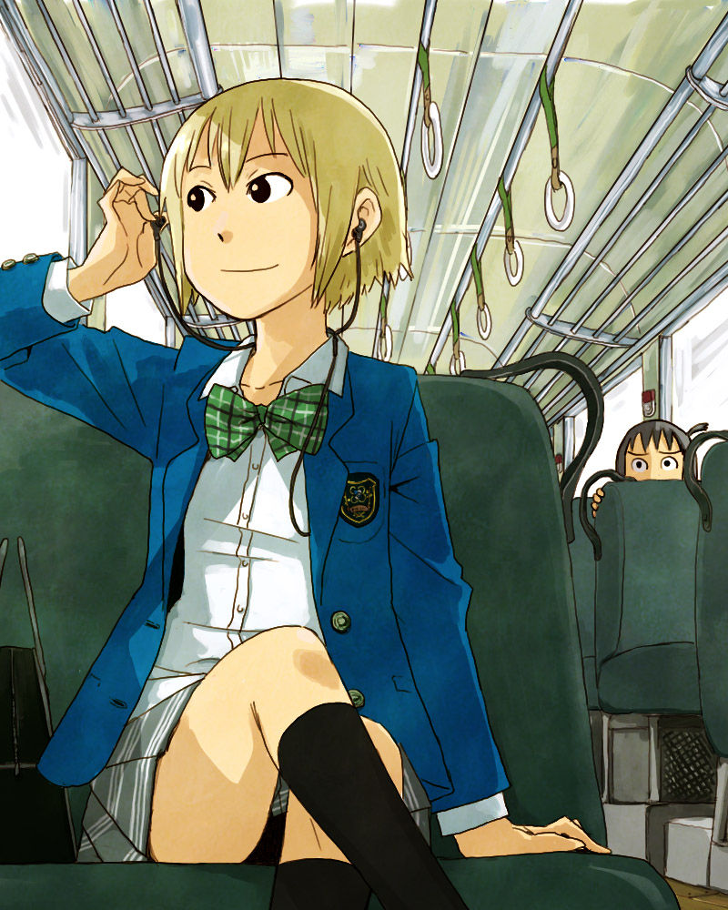 arashiyama_hotori, blonde_hair, crossed_legs, earbuds, earphones, kon_futaba, naotan, school_uniform