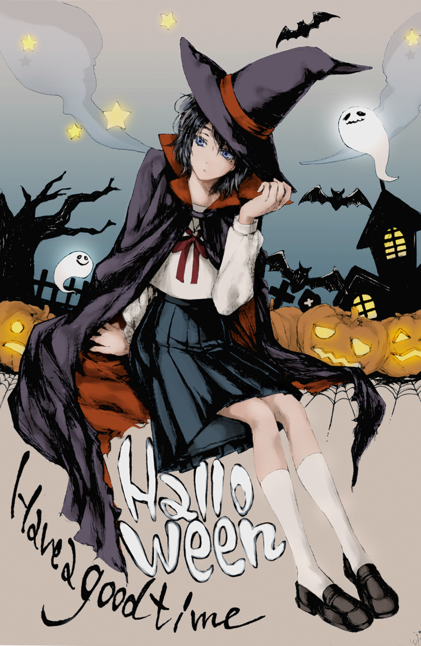 1girl, adjusting_clothes, adjusting_headwear, bare_tree, bat_(animal), black_hair, blue_eyes, building