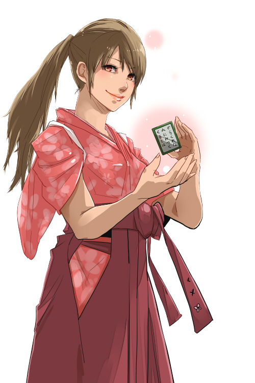 1girl, ayase_chihaya, card, chihayafuru, cowboy_shot, female_focus, hakama, hakama_skirt
