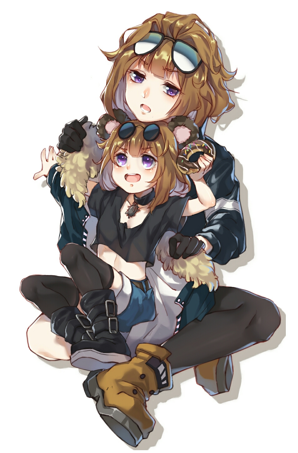 2girls, aged_down, animal_ears, boots, brown_hair, chin_rest, clone, donut