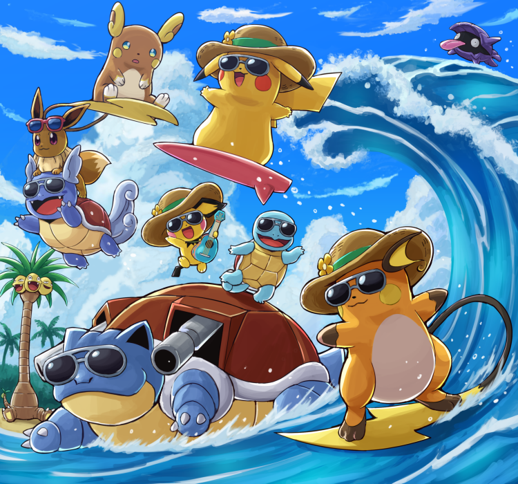 :3, alolan_exeggutor, alolan_form, alolan_raichu, beach, blastoise, blue_sky, blue_theme