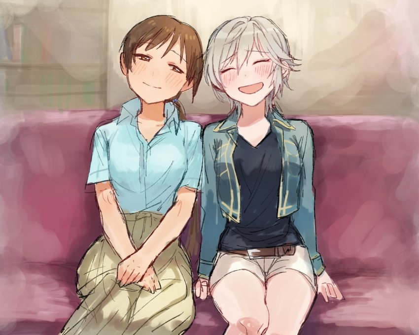 2girls, ^_^, anastasia_(idolmaster), belt, blush, brown_eyes, brown_hair, closed_eyes