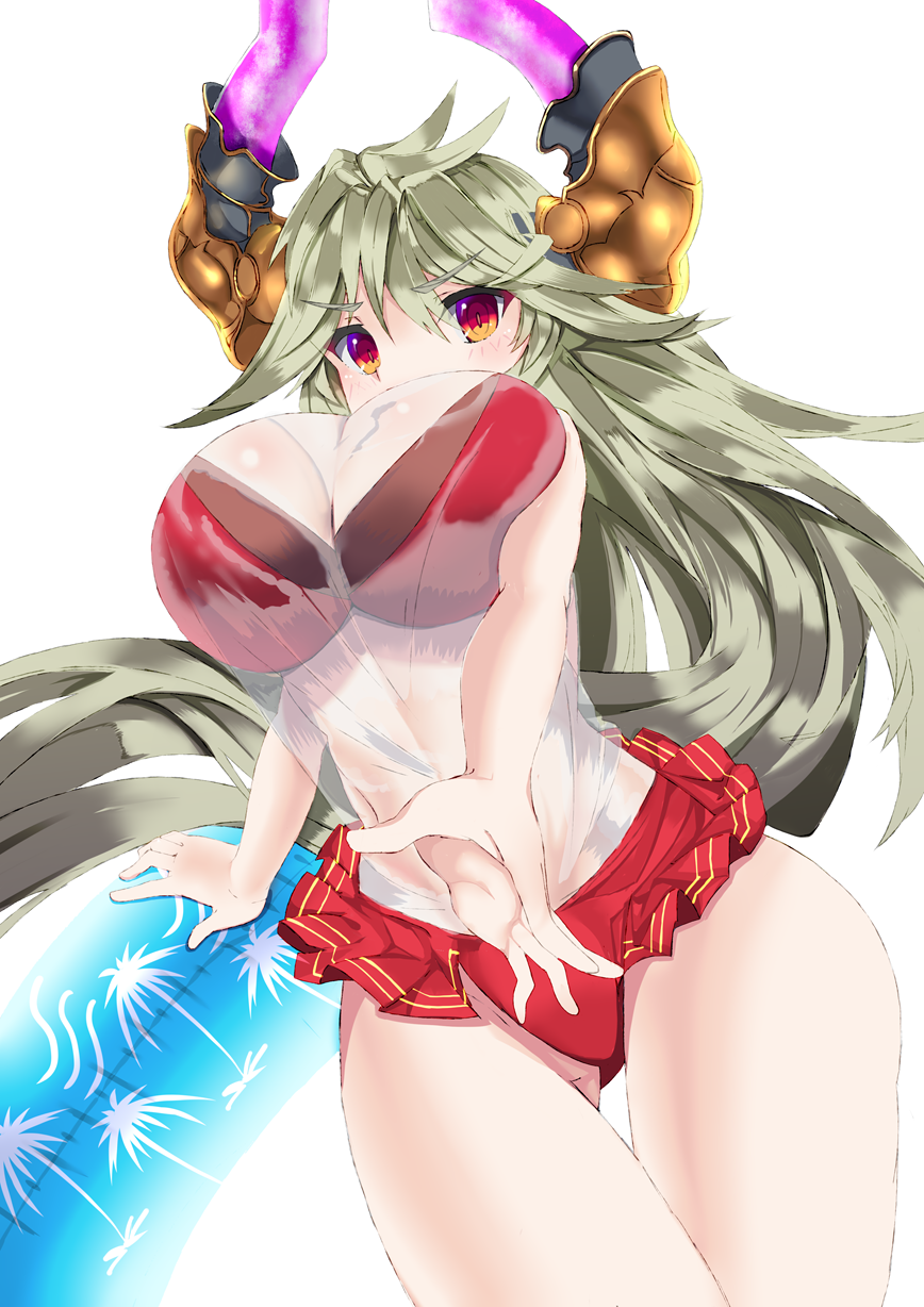 1girl, bikini, bikini_bottom_only, blush, breasts, cowboy_shot, frilled_bikini, frills, gluteal_fold, granblue_fantasy, green_hair, grey_hair, highres, horns, huge_breasts, innertube, ituki_rin, long_hair, looking_at_viewer, orange_eyes, red_bikini, see-through_clothes, shirt, simple_background, standing, swim_ring, swimsuit, t-shirt, threo_(granblue_fantasy), wet, white_background, white_shirt