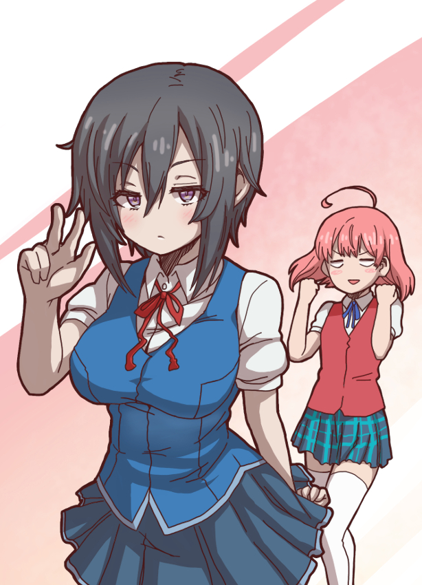 10s, 2girls, :d, ahoge, blush, blush_stickers, breasts, hair_between_eyes