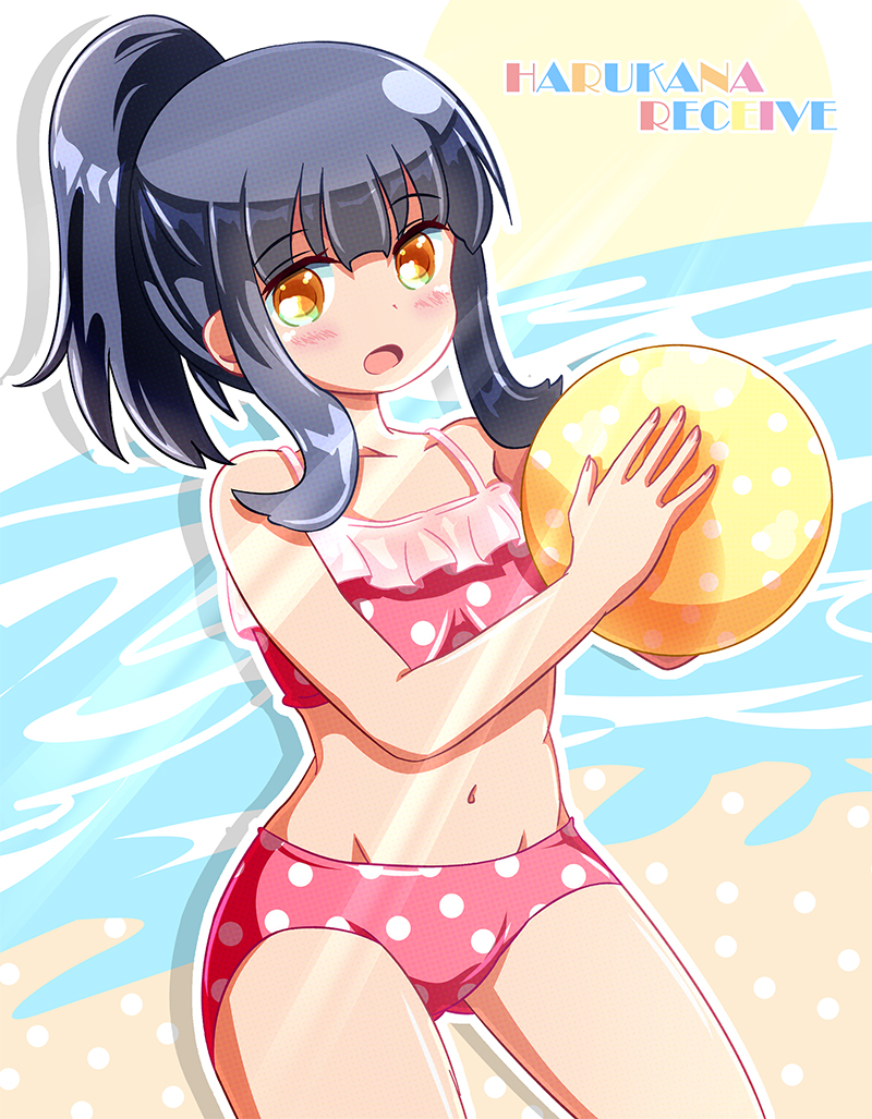 10s, 1girl, ball, ballpoint_pen_(medium), beach, beachball, bikini, black_hair