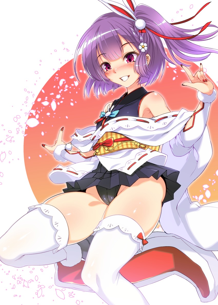 1girl, absurdres, bare_shoulders, black_footwear, black_kimono, black_panties, blue_bow, blush, bow, cherry_blossoms, commentary_request, female_focus, floating_hair, flower, glowing, glowing_petals, grin, hair_flower, hair_ornament, hair_ribbon, hand_up, harigane_shinshi, highres, japanese_clothes, kimono, kimono_skirt, leg_up, looking_away, looking_down, m/, microskirt, nail_polish, nose_blush, obi, one_side_up, panties, petals, pink_eyes, pleated_skirt, pom_pom_(clothes), prismplus, purple_hair, rabbit_hair_ornament, red_bow, red_nails, red_ribbon, ribbon, ribbon-trimmed_clothes, ribbon_trim, sash, shiny_skin, short_hair, short_kimono, skindentation, skirt, sleeveless, sleeveless_kimono, smile, solo, striped, tenjin_kotone, thighhighs, thighs, underwear, virtual_youtuber, white_background, white_flower, white_thighhighs