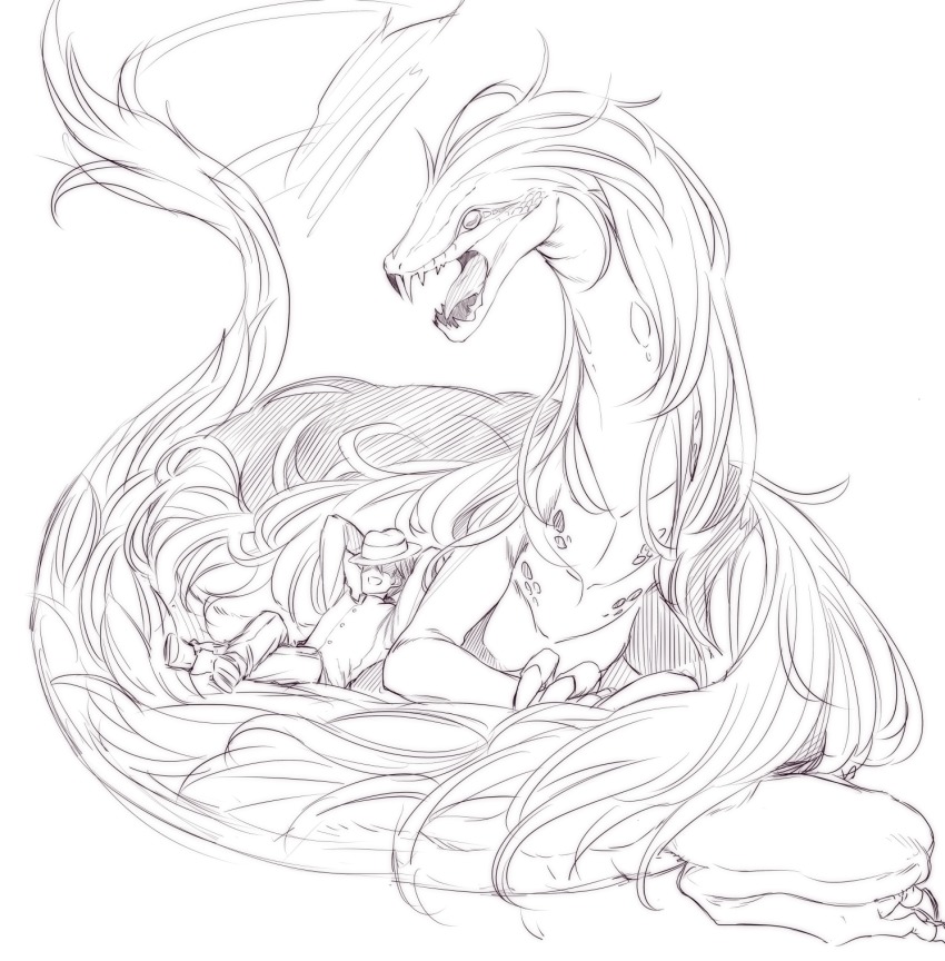 1boy, arms_behind_head, crossed_legs, dragon, fate/grand_order, fate_(series), greyscale, hat