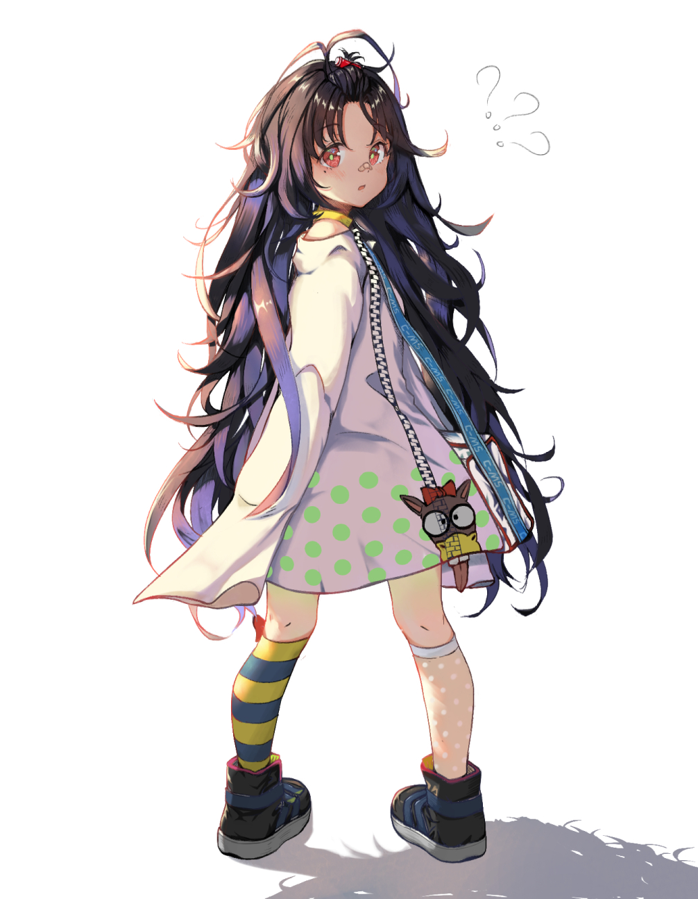 1girl, ?, aged_down, antenna_hair, asymmetrical_legwear, bag, bandaid, bandaid_on_face