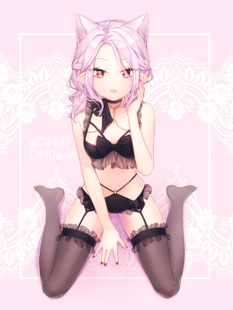 01nu, 1girl, animal_ears, artist_name, black_nails, black_thighhighs, blush, breasts