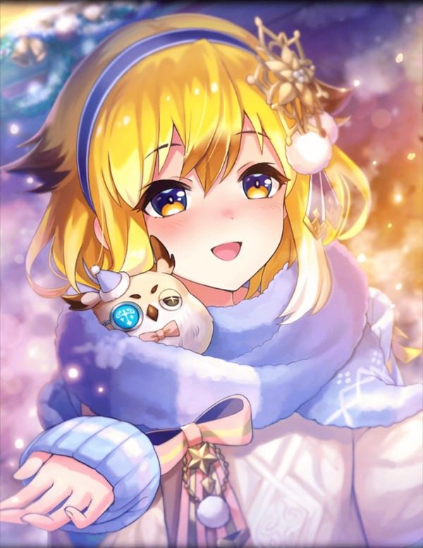 1girl, ancient_killers_(phantom_of_the_kill), animal, artist_request, bird, blonde_hair, blue_scarf, blush