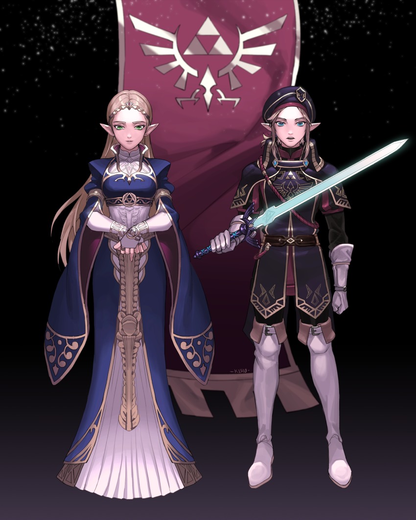 1boy, 1girl, bad_id, bad_pixiv_id, banner, beret, black_background, blonde_hair