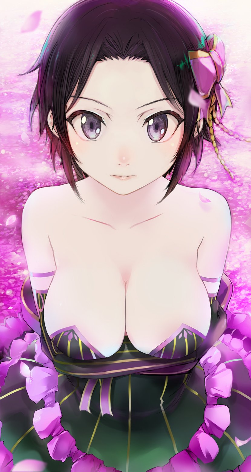 1girl, bad_id, bad_pixiv_id, black_hair, blush, breasts, cherry_blossoms, cleavage