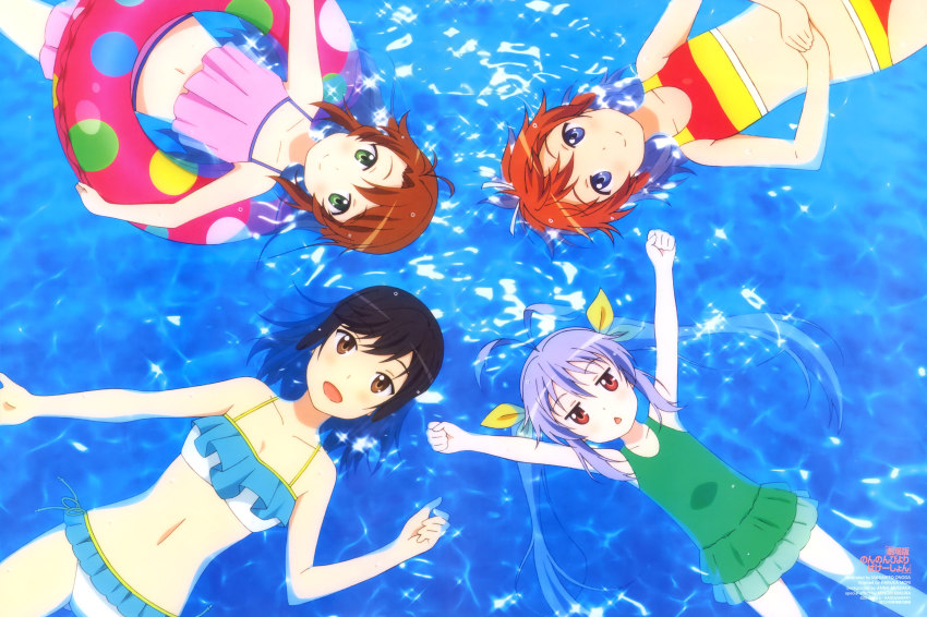 4girls, :d, absurdres, akasaka_anna, animage, arms_up, bare_shoulders, bikini