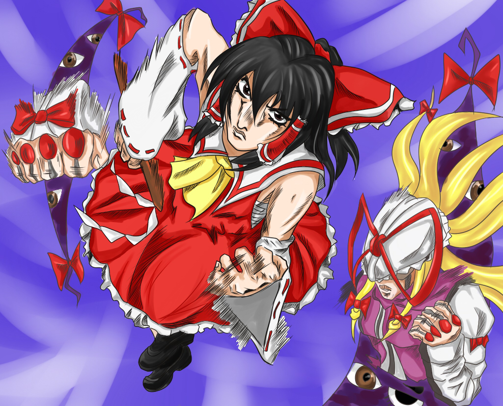 2girls, araki_hirohiko_(style), bruno_bucciarati, female_focus, gap_(touhou), gohei, hakurei_reimu, japanese_clothes