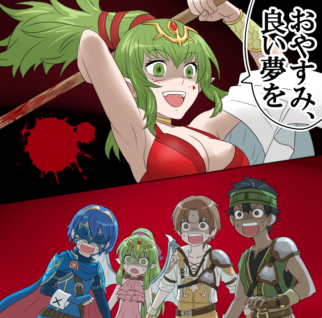 2boys, 3girls, aged_up, armor, bikini, blood, blue_hair, brown_eyes