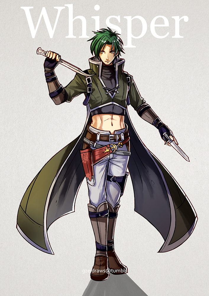 1boy, abs, bad_id, bad_tumblr_id, boots, cloak, dagger, dual_wielding, fingerless_gloves, fire_emblem, fire_emblem:_radiant_dawn, gloves, green_hair, grey_background, gzei, holding, holding_dagger, holding_knife, holding_weapon, knife, male_focus, nintendo, simple_background, solo, sothe_(dawning_zephyr)_(fire_emblem), sothe_(fire_emblem), weapon, yellow_eyes