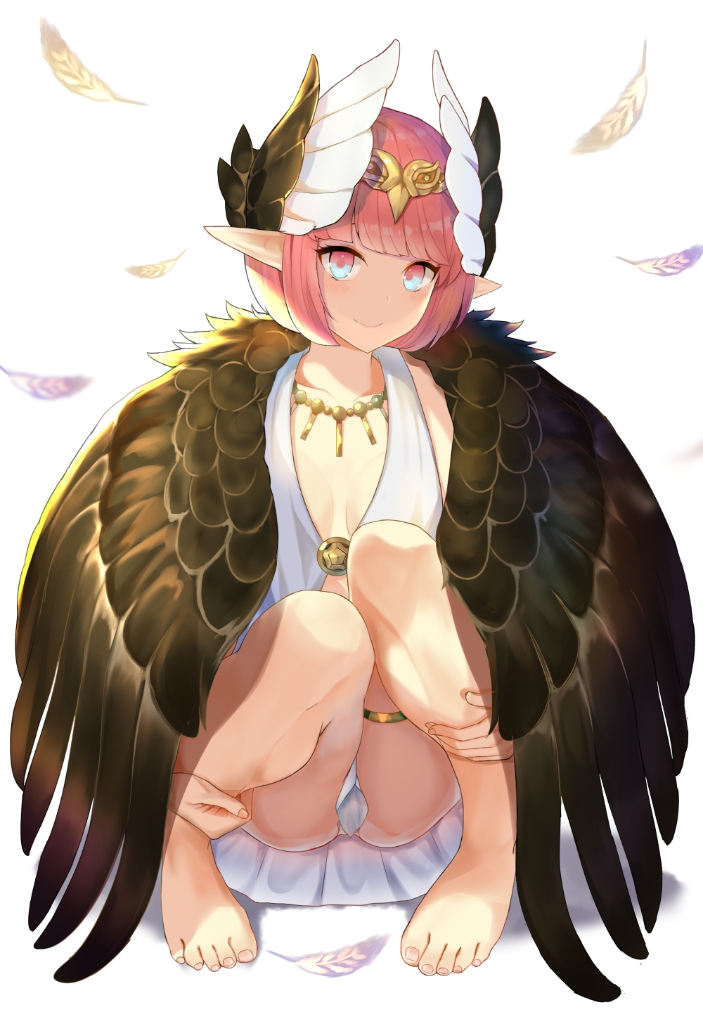 1girl, backlighting, barefoot, black_wings, bob_cut, bracelet, circe_(fate), circe_(first_ascension)_(fate), fate/grand_order, fate_(series), feathered_wings, feathers, female_focus, gold_trim, head_wings, highres, jewelry, komainu_(yamaha1997), looking_at_viewer, pink_eyes, pink_hair, pointy_ears, short_hair, simple_background, sitting, smile, solo, thighlet, tiara, vest, winged_hair_ornament, wings