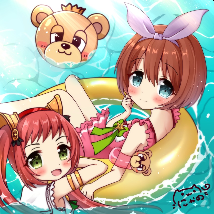 2girls, :d, afloat, ayane_(princess_connect!), bare_shoulders, blue_eyes, blush, brown_hair