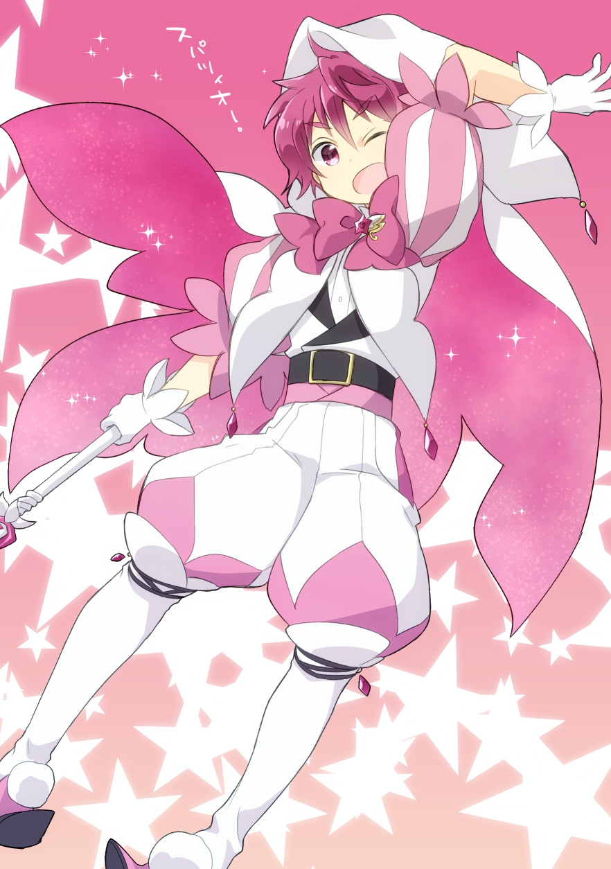 1boy, ;d, arm_up, bad_id, bad_pixiv_id, belt, binan_koukou_chikyuu_bouei-bu_happy_kiss!, cape, dougo_ichiro, gem, hanamsky, highres, hood, hooded_cape, looking_at_viewer, magical_boy, male_focus, one_eye_closed, open_mouth, pink_background, pink_eyes, pom_pom_(clothes), puffy_short_sleeves, puffy_shorts, puffy_sleeves, short_sleeves, shorts, simple_background, smile, solo, sparkle, spazio_kiss