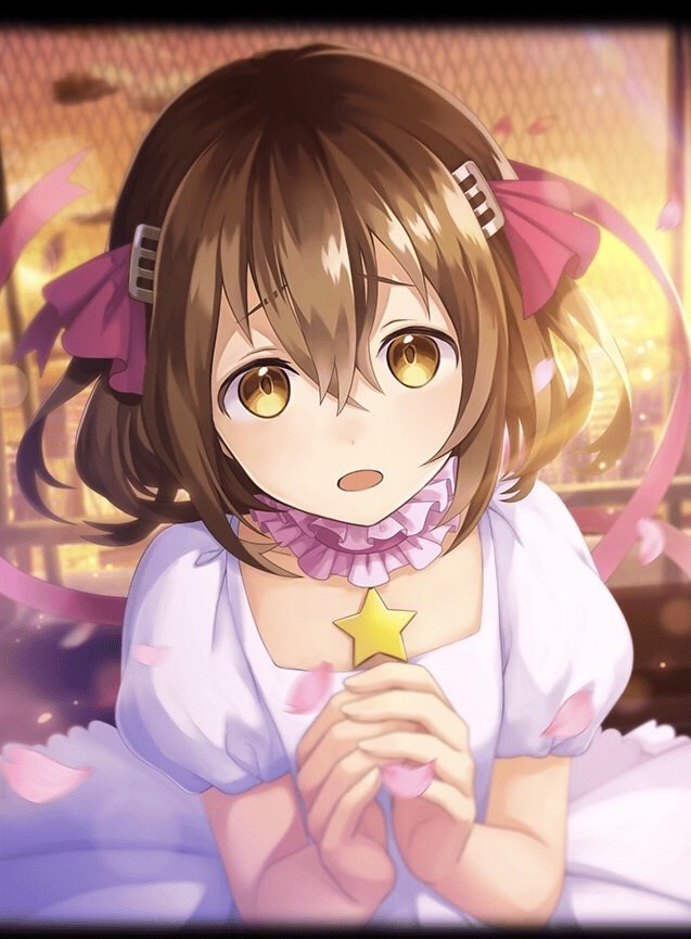 1girl, artist_request, brown_hair, cardcaptor_sakura, chain-link_fence, cosplay, dress, fence, hair_between_eyes, hair_ornament, hairclip, jewelry, kinomoto_sakura, kinomoto_sakura_(astral_sakura), kinomoto_sakura_(cosplay), longinus_(phantom_of_the_kill), necklace, official_art, open_mouth, own_hands_clasped, own_hands_together, phantom_of_the_kill, pink_ribbon, ribbon, short_hair, star_(symbol), star_necklace, white_dress, yellow_eyes