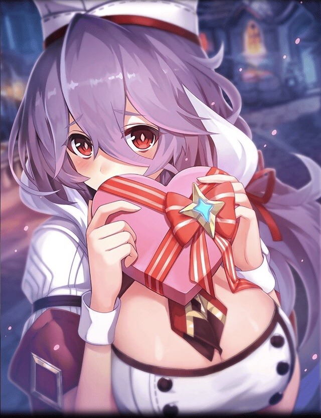 1girl, ancient_killers_(phantom_of_the_kill), artist_request, blush, box, breasts, chef_hat, cleavage