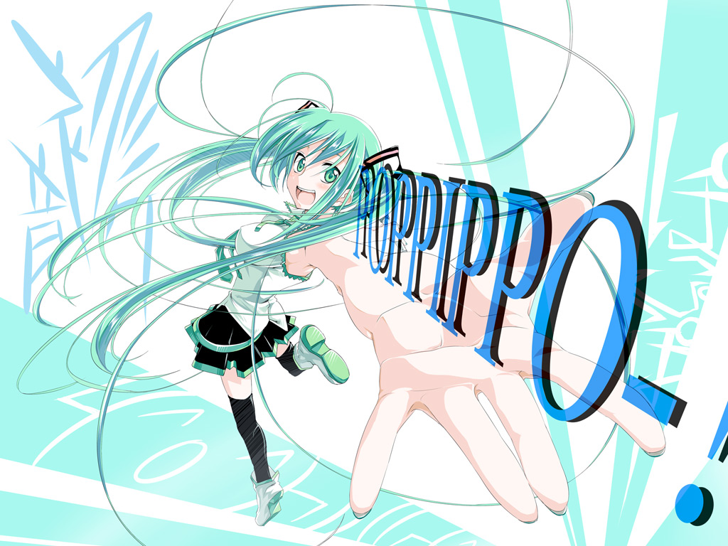 1girl, :d, aqua_eyes, aqua_hair, female_focus, foreshortening, hatsune_miku, himura_kiseki