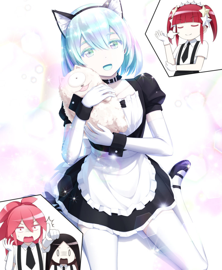 4others, :d, :o, puff_of_air, ^^^, androgynous, animal_ears, apron, black_hair, blunt_bangs, bort, cat_ears, closed_eyes, collar, colored_eyelashes, commentary_request, creature, cut-in, diamond_(houseki_no_kuni), elbow_gloves, fake_animal_ears, frilled_apron, frills, gloves, goribote, hair_between_eyes, hair_ornament, hairband, houseki_no_kuni, looking_at_viewer, maid, morganite_(houseki_no_kuni), multicolored_eyes, multicolored_hair, multiple_others, necktie, o_o, open_mouth, pink_hair, pointing, puffy_short_sleeves, puffy_sleeves, rainbow_eyes, rainbow_hair, red_beryl_(houseki_no_kuni), red_hair, shoes, short_hair, short_sleeves, sitting, smile, sparkle, star_(symbol), star_hair_ornament, thighhighs, waist_apron, wariza, white_gloves, white_legwear, wrist_cuffs